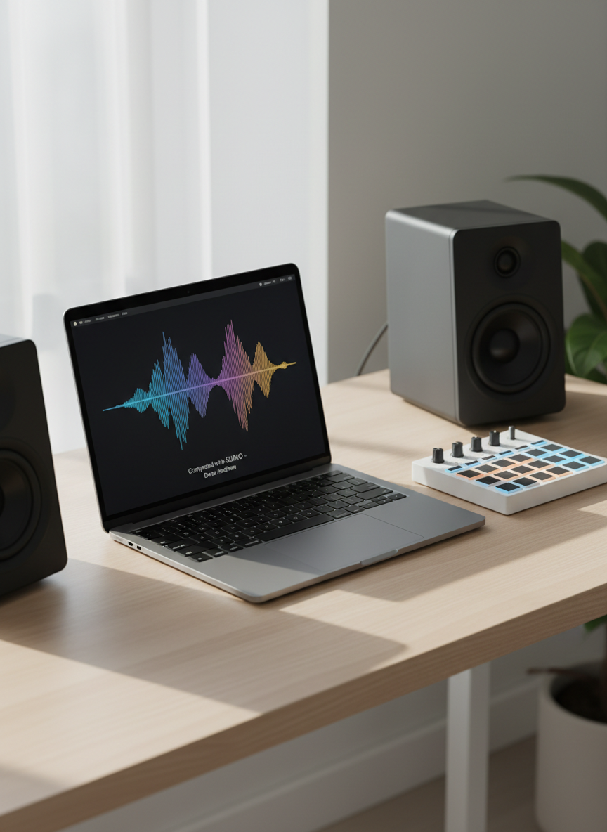 A modern digital composition desk featuring a slim laptop displaying an abstract waveform visualization and the text “Composed with SUNO – Dave Andrew” on a dark interface. Beside it sits a compact MIDI controller with smooth, backlit pads and precision knobs, all resting on a clean, pale oak desktop. A pair of matte-black studio monitor speakers flank the setup, angled inward. Soft, diffused daylight filters through an off-camera window, creating gentle reflections on the laptop screen and subtle shadows under the gear. Photographic realism with a balanced, rule-of-thirds composition and moderate depth of field, producing a bright, focused, and contemporary mood that underscores the fusion of technology and original music creation.