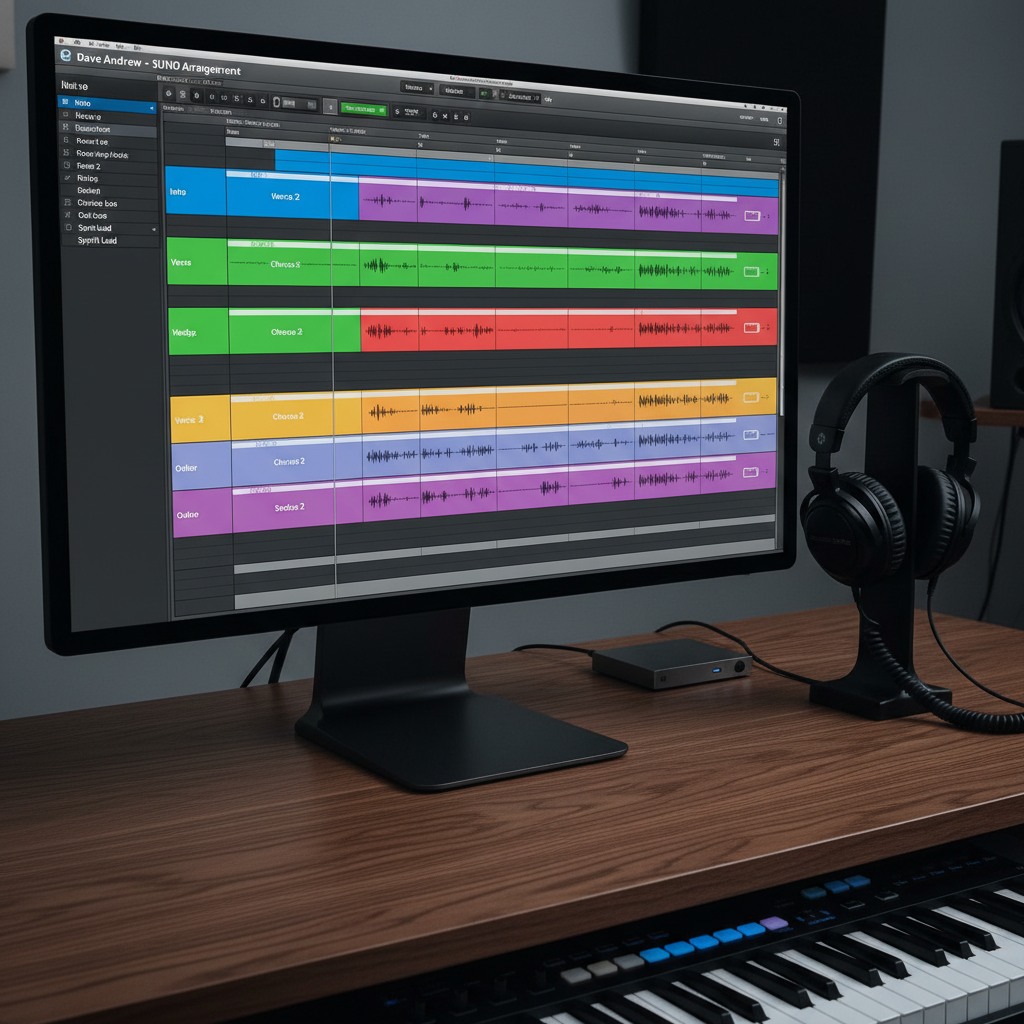 An elegant, large-format mixing timeline displayed on a high-resolution monitor, showing multiple colorful audio tracks labeled with song sections like “Intro,” “Verse,” “Chorus,” and “Bridge” under the project name “Dave Andrew – SUNO Arrangement.” The monitor rests on a tidy, dark oak desk beside closed-back reference headphones with matte black earcups and a coiled cable. A compact MIDI keyboard with softly glowing pads sits partially in frame. Cool, even studio lighting ensures every interface detail is legible without harsh reflections. Photographic realism from a slightly elevated angle, with perfect sharpness across the frame, creating a clean, modern, and highly professional atmosphere that highlights the precision of digital arranging and mixing.