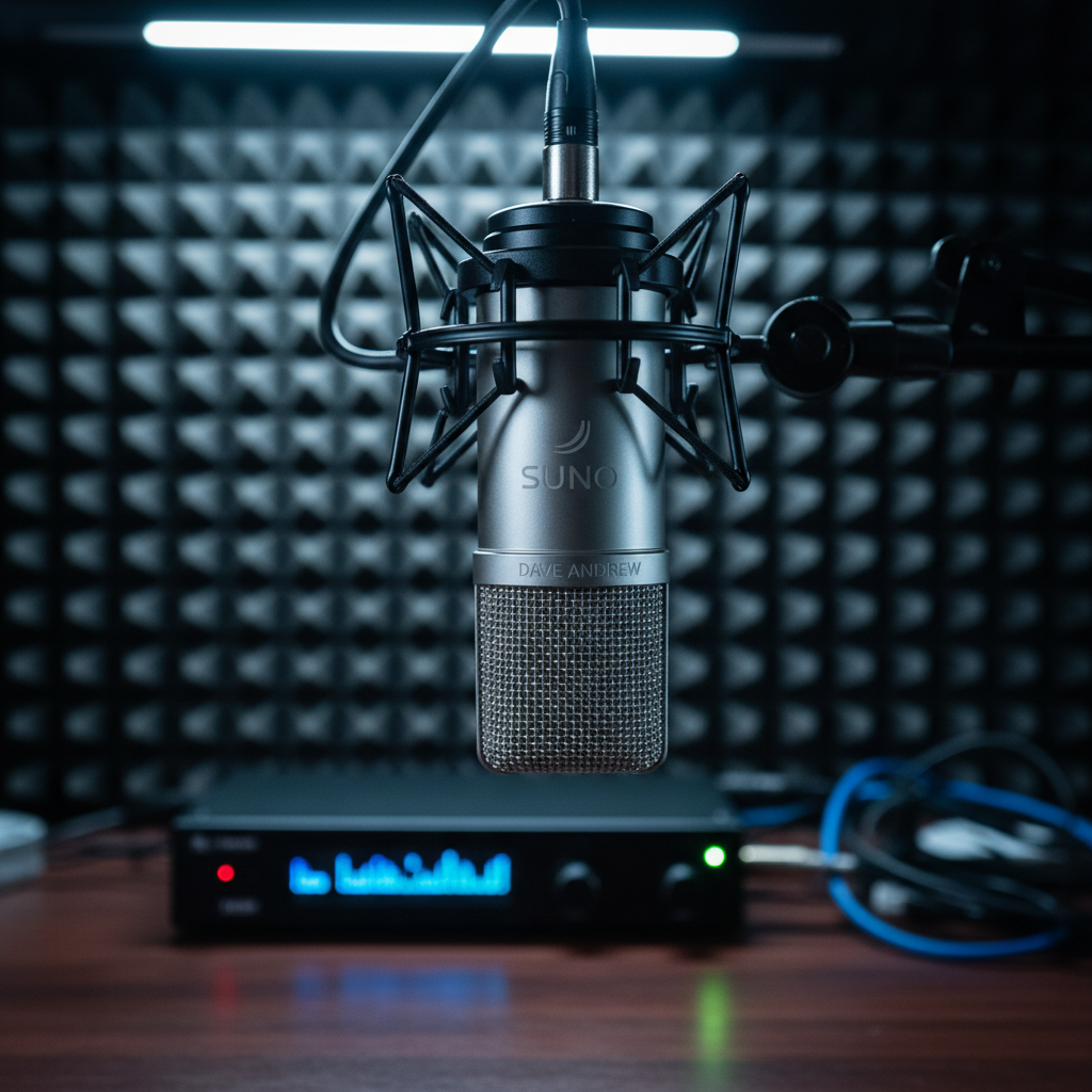 A close-up of a high-quality condenser microphone suspended in a shock mount, its fine metal mesh and subtle branding rendered in crisp detail. The microphone faces a charcoal-gray acoustic foam wall with precise, pyramidal texture, while a softly glowing audio interface with detailed LED meters sits out of focus on a dark wooden desk below. Cool, focused studio lighting brushes across the microphone’s brushed metal surface, creating delicate highlights and a professional sheen. The background fades into a soft, bluish bokeh of cables and gear. Photographic realism with a tight, centered composition and shallow depth of field, evoking a sense of meticulous craftsmanship and serious music production for Dave Andrew’s SUNO-created tracks.