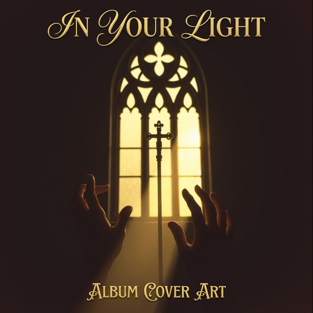 'IN YOUR LIGHT' album cover showing hands raised toward a glowing cathedral window and cross.